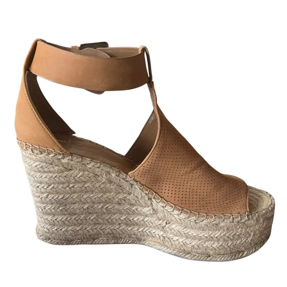 MARC FISHER Tan Leather Annie Perforated Espadrille Platform Wedge Sandals 8